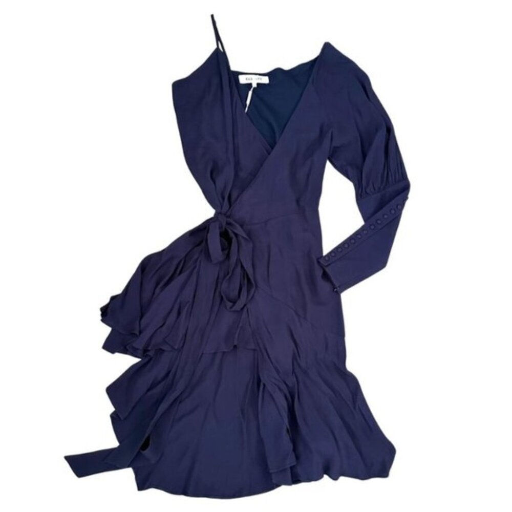 ELLIATT NWT Asymmetrical Ruffle Hem Wrap Dress in Navy Size L Romantic Feminine